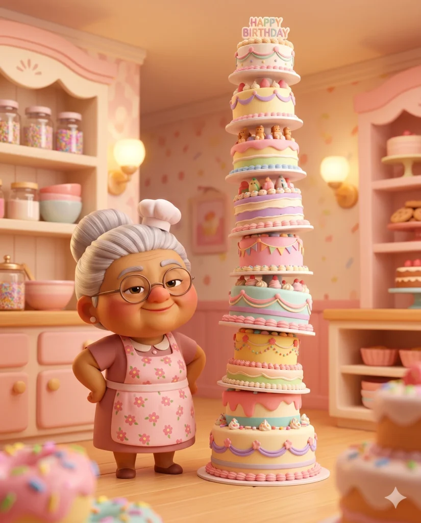 Grandma baker beside colorful cake tower