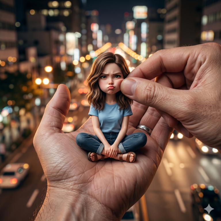 A hyper-realistic 3D render of a tiny, cute girl with a pouty, slightly angry expression sitting cross-legged in the palm of a large human hand. Another large hand gently pinches her cheek. She is wearing a casual t-shirt, jeans, and sandals. The background is a sharply blurred, nighttime city street scene with glowing bokeh lights." This description covers all the visual elements, the specific action happening, the character's expression, and the style of the image, making it perfect for screen readers or web accessibility.